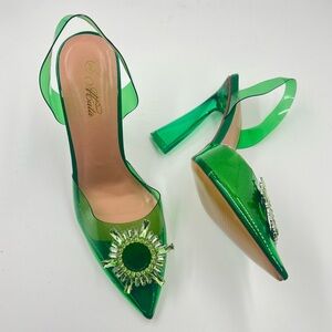 NEW Crystal-Embellished PVC Pumps high heels Green Slingback strap Sandals 9